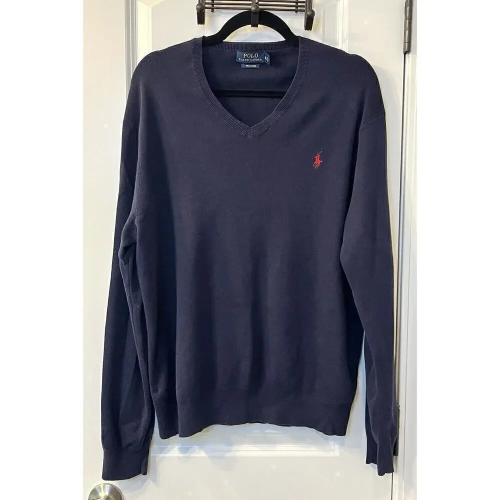 Polo Ralph Lauren Sweater Mens XL Blue Pima Cotton V Neck Preppy